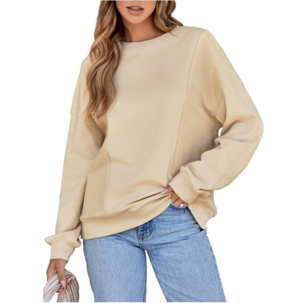 -NIB SHEWIN Oversized Patchwork Plush Sweatshirt - Size: Medium, Beige/tan
